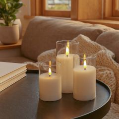 LED-blockljus i glas-set med flammeffekt, 3 st - inkl. fjärrkontroll och timer, höjd 10/12,5/15 cm, äkta stearin