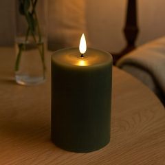 LED Blockljus med smält utseende och flammeffekt, 10 cm hög, äkta stearin, djupgrön