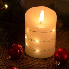 LED-blockljus med ljusslinga, flammeffekt, 10 cm hög, inkl. fjärrkontroll - Ø7,5 cm, äkta stearin