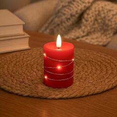 LED-blockljus med ljusslinga, flammeffekt, rött stearin, 10 cm hög, Ø7,5 cm, fjärrkontroll