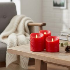 LED-blockljus med rörlig låga, rött, 3 st, Ø10 cm, inkl. fjärrkontroll och timer, höjd varierande från 10 cm till 15 cm, äkta stearin