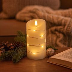 LED blockljus med ljusslinga och flammeffekt, 15cm hög, inkl. fjärrkontroll, äkta stearin, Ø7,5cm