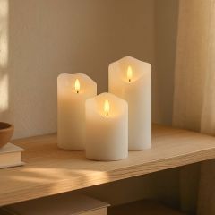 LED blockljus med flammeffekt, vit, 10/12,5/15cm, fjärrkontroll, timer, äkta stearin