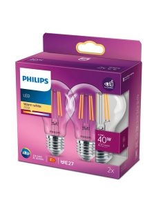 E27 - Philips LED-lampa - Klar - 4,3 W - 470 lm 2-pack