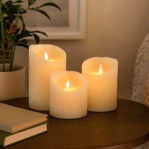 LED-blockljus med rörlig låga, vitt, Ø10 cm, 3 st, inkl. fjärrkontroll och timer, äkta stearin