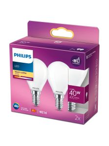 E14 - Philips LED kronljuslampa - 4,3W - 470lm - 2700K - 2-pack