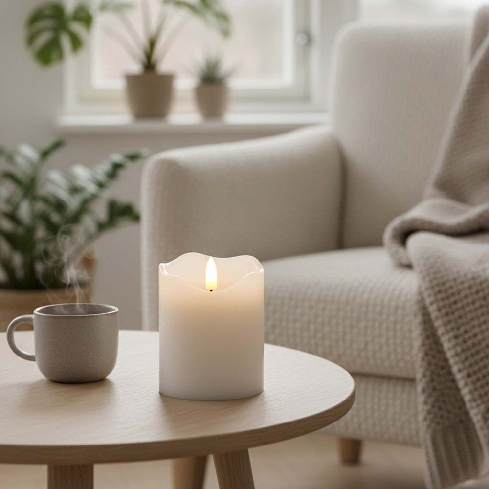 LED Blockljus med flammeffekt, vit, 10 cm hög, Ø7,5 cm, äkta stearin