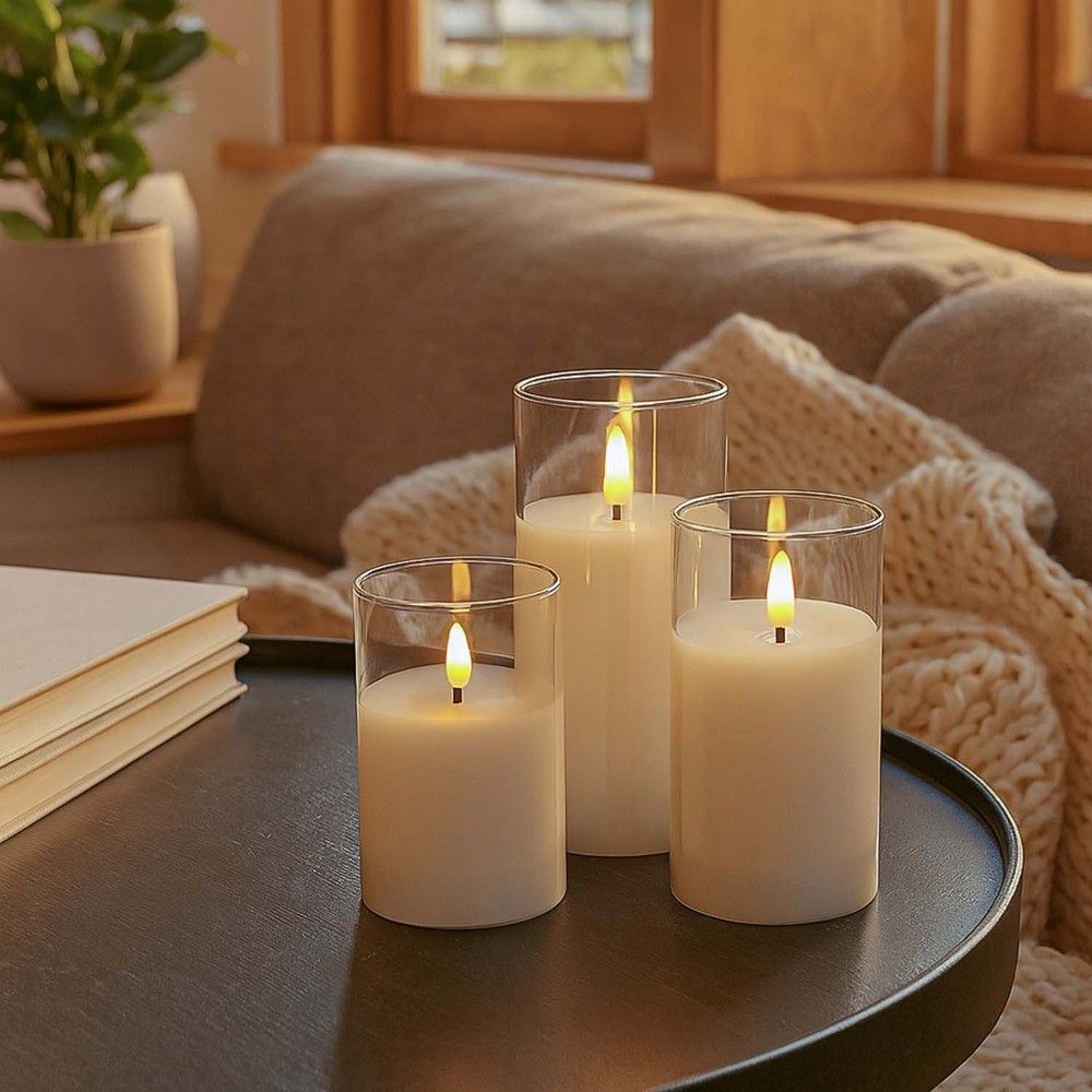 LED-blockljus i glas-set med flammeffekt, 3 st - inkl. fjärrkontroll och timer, höjd 10/12,5/15 cm, äkta stearin