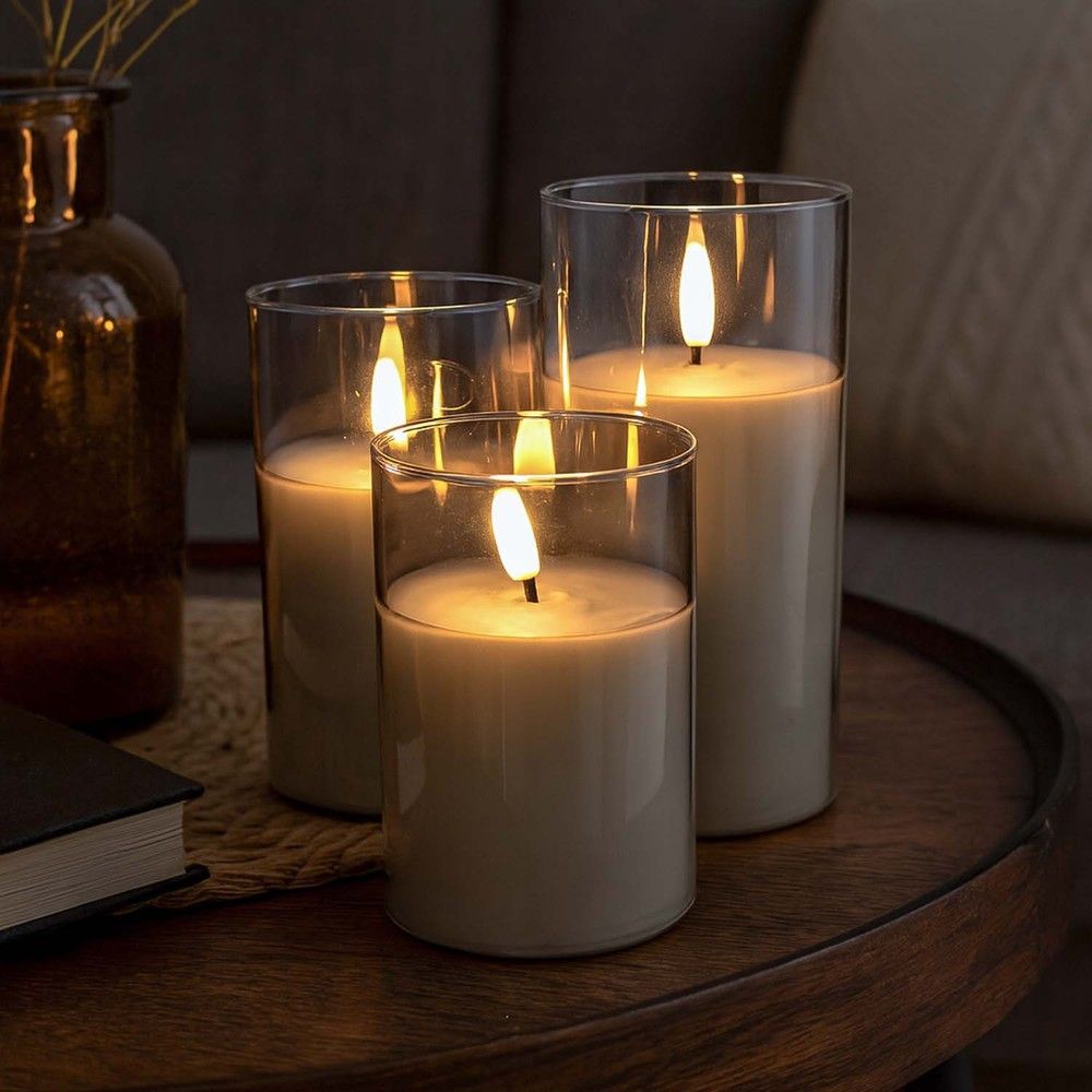 LED-blockljus i gråtonat glas med flammeffekt, Ø7,5 cm, 3 st - inkl. fjärrkontroll, timer, höjd 10/12,5/15 cm