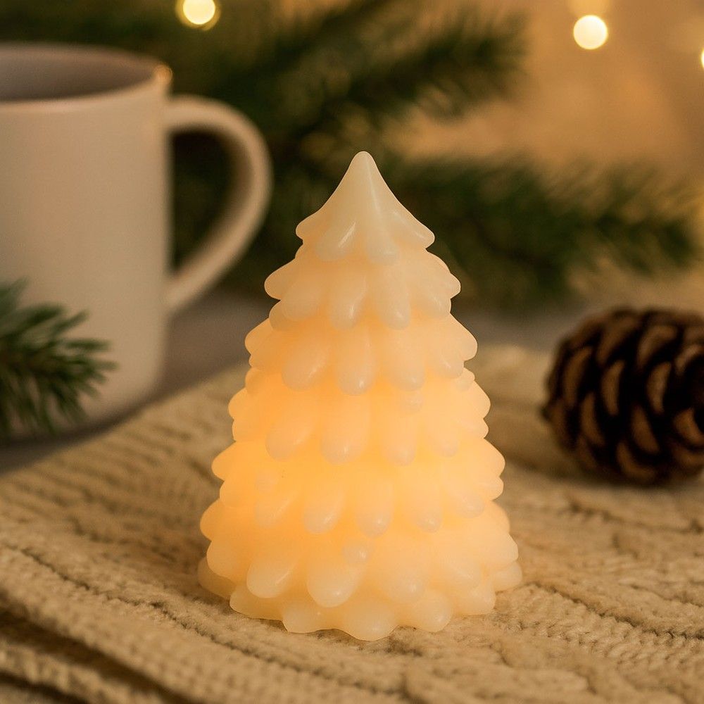 LED-julgranslius med blinkande flammeffekt i vitt äkta stearin - H9,5 cm, Ø7 cm