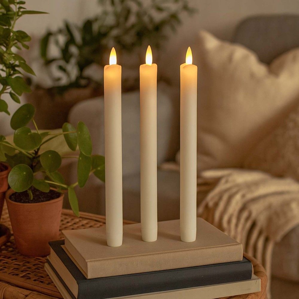 3-pack LED-stearinljus med flammeffekt, Ø2,2 cm, höjd: 24,5 cm, kronljus, fjärrkontroll, timer, batteridriven