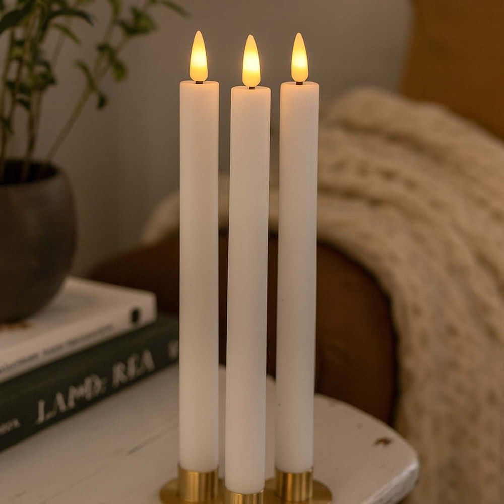 3-pack vita LED-stearinljus med flammeffekt - Ø2,2 cm, höjd: 24,5 cm, stavljus, fjärrkontroll, timer, batteridriven