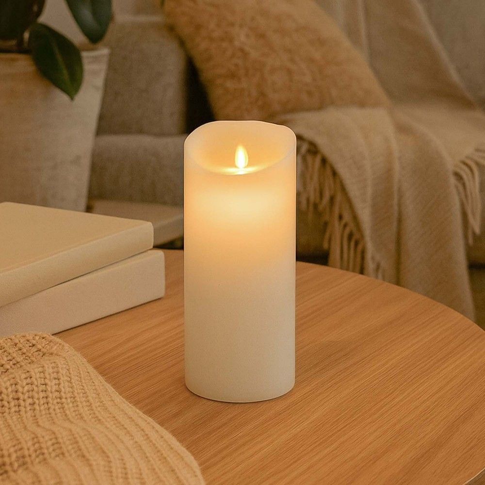 LED XL-blockljus med flammeffekt och fjärrkontroll, vitt, Ø10 cm, 22,5 cm hög, timer, äkta stearin