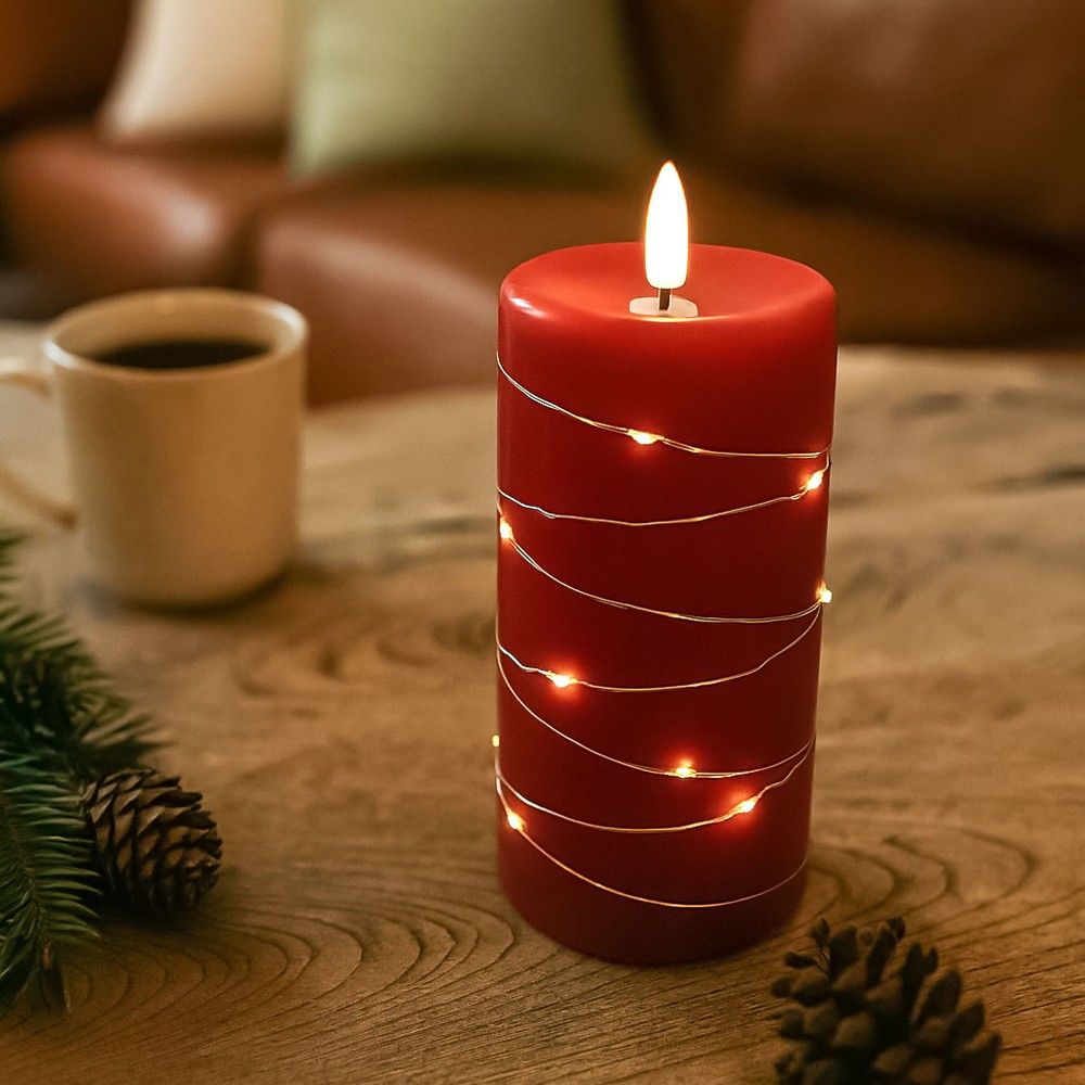 LED blockljus med ljusslinga och flammeffekt, 15cm hög, röd stearin, fjärrkontroll, autentiskt utseende