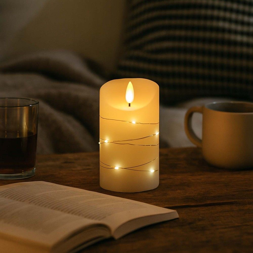 LED blockljus med ljusslinga, 12,5cm hög, flammeffekt - Ø7,5cm, inkl. fjärrkontroll, äkta stearin