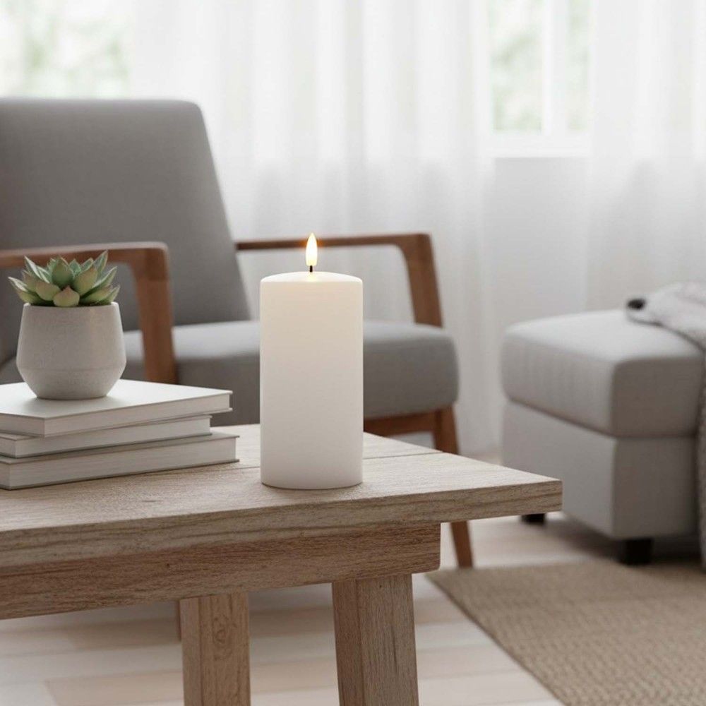 LED Blockljus med smält utseende och flammeffekt, timer, 15 cm hög, Ø7,5 cm, äkta stearin