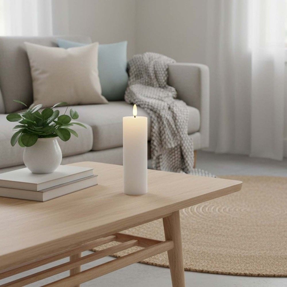 LED Blockljus med flammeffekt, vit, 15 cm, timer - Äkta stearin, Ø5 cm
