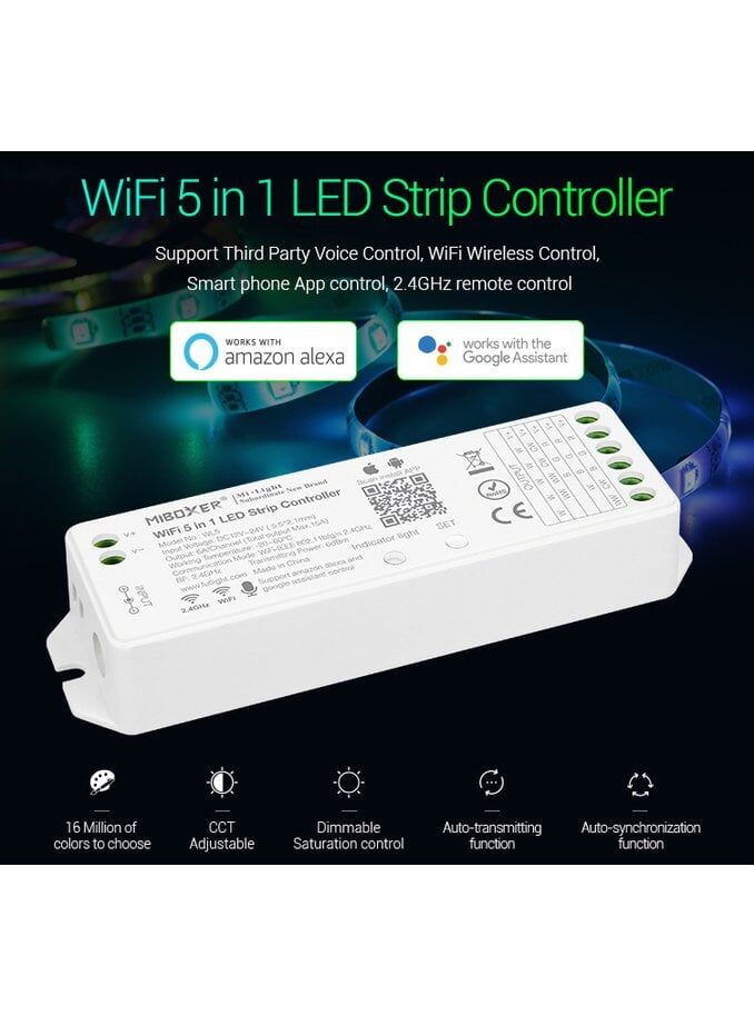 Miboxer - WiFi-styrenhet - 5-i-1 - RGB-CCT - DC12/24V - WiFi - 2,4GHz RF (WL5)
