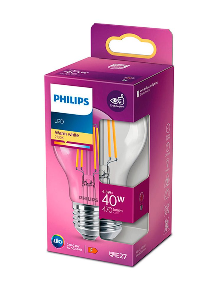 E27 - Philips LED-lampa - Klar - 4,3 W - 470 lm