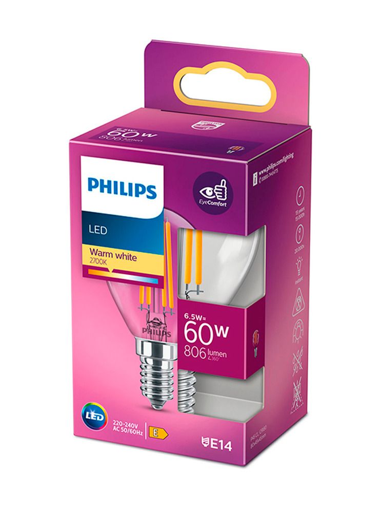 E14 - Philips LED-kronljuslampa - Klar - 6,5W - 806lm