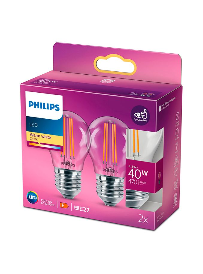 E27 - Philips LED-kronljus - Klar - 4,3 W - 470 lm 2-pack