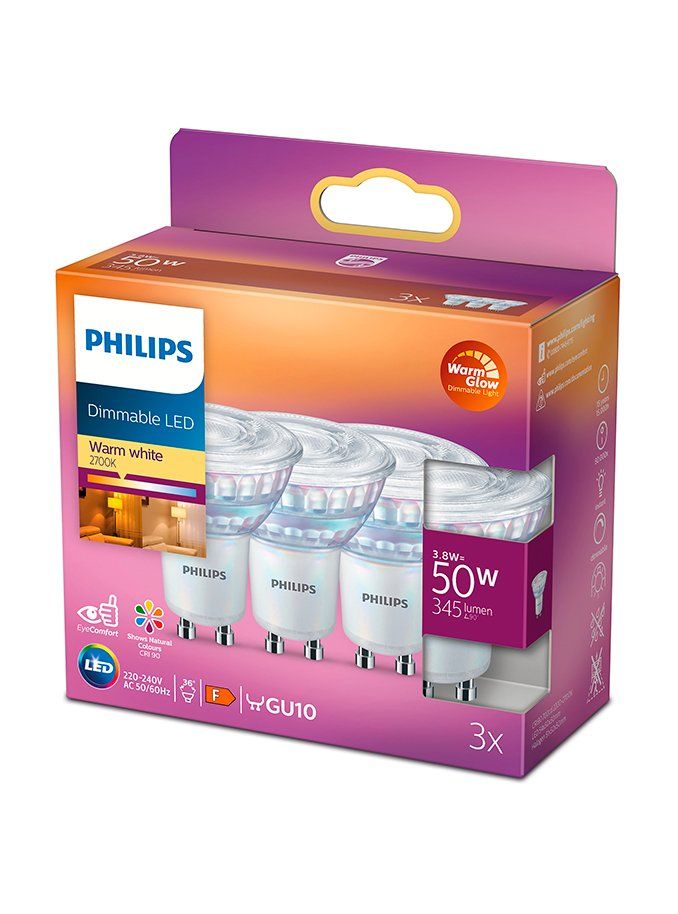 GU10 - Philips LED-spot - 3,8 W - 345 lm - 2200-2700 K - Dimbar - 3-pack