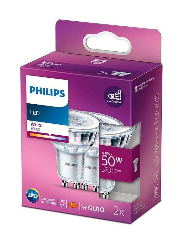 GU10 - Philips LED-spot - 4,6W - 370lm - 3000K - 2-pack