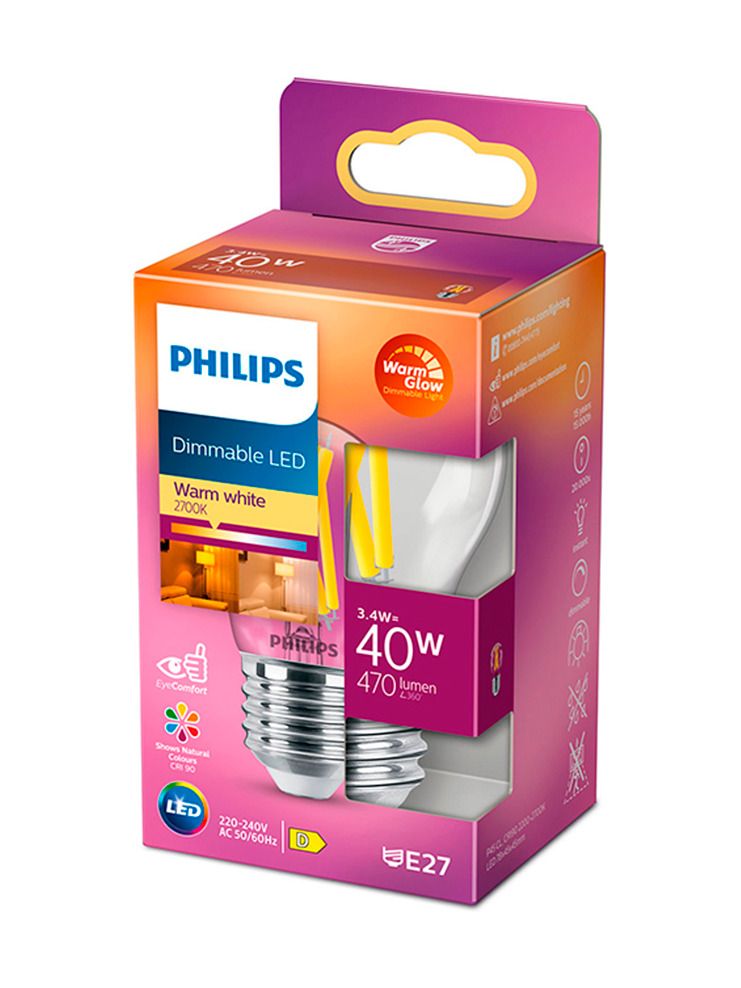 E27 - Philips Warm Glow LED-kronljuslampa - Klar - 3,4 W - 470 lm - CRI:90+