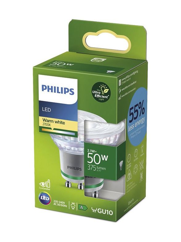 GU10 - Philips LED-spot - 2,1 W - 375 lm - 2700 K - A-ljuskälla