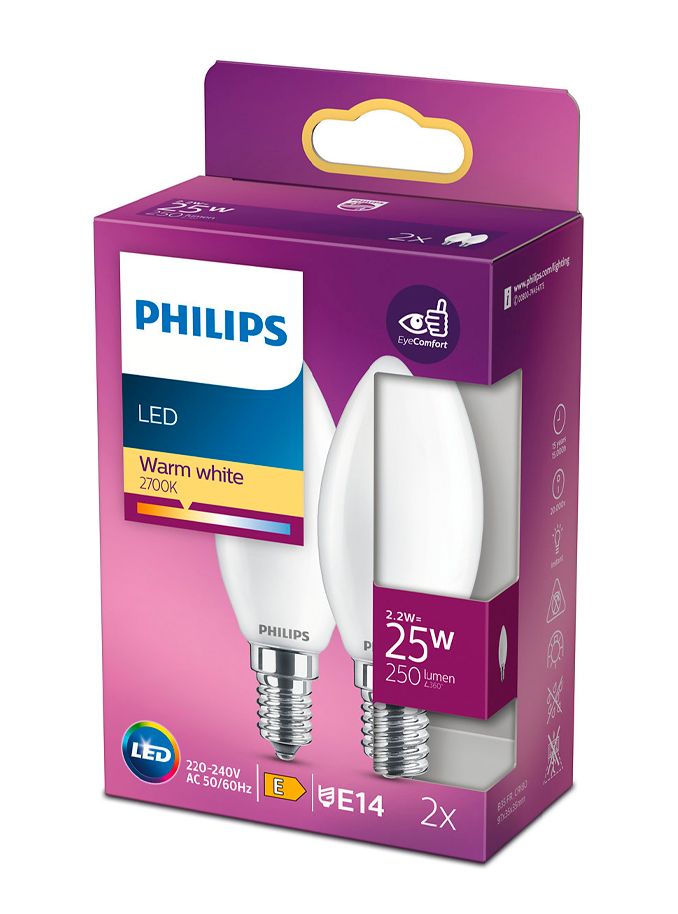 E14 - Philips LED-kronljus - Matt - 2,2 W - 250 lm 2-pack