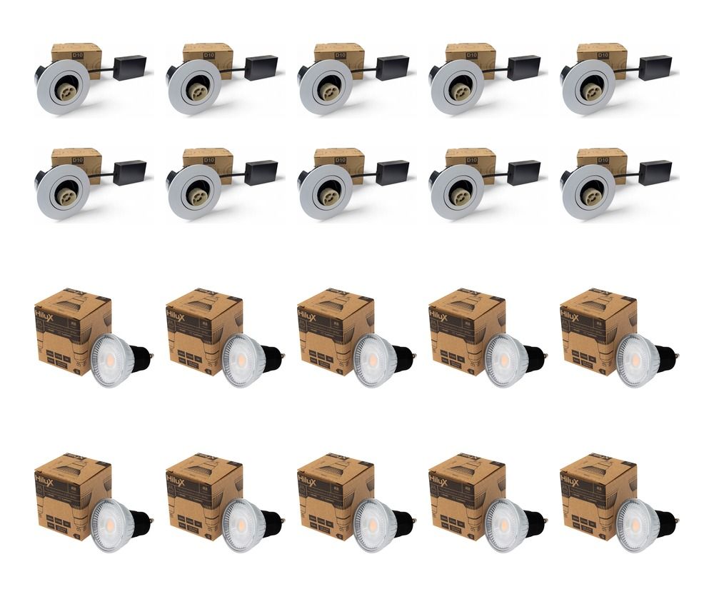 10 x HiluX D10 Inomhusspot Vit inkl. 10 x HiluX R8 GU10 2700K Ra95 Dimbar
