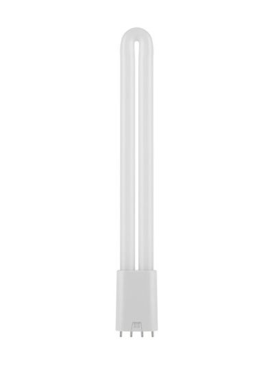 Produktfoto av en lång, platt, vit LED PL-lampa formad som ett U på en platt plastsockel med fyra metallstift på rad, på vit bakgrund
