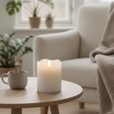LED Blockljus med flammeffekt, vit, 10 cm hög, Ø7,5 cm, äkta stearin