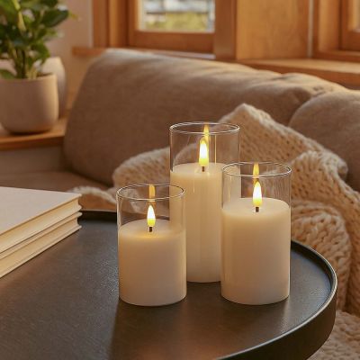 LED-blockljus i glas-set med flammeffekt, 3 st - inkl. fjärrkontroll och timer, höjd 10/12,5/15 cm, äkta stearin