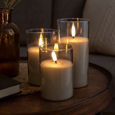 LED-blockljus i gråtonat glas med flammeffekt, Ø7,5 cm, 3 st - inkl. fjärrkontroll, timer, höjd 10/12,5/15 cm