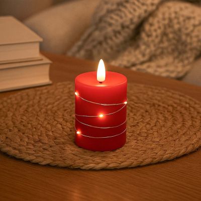 LED-blockljus med ljusslinga, flammeffekt, rött stearin, 10 cm hög, Ø7,5 cm, fjärrkontroll