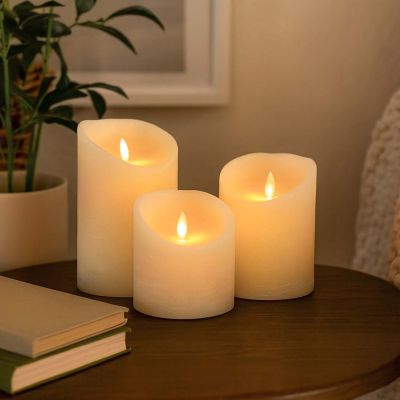 LED-blockljus med rörlig låga, vitt, Ø10 cm, 3 st, inkl. fjärrkontroll och timer, äkta stearin