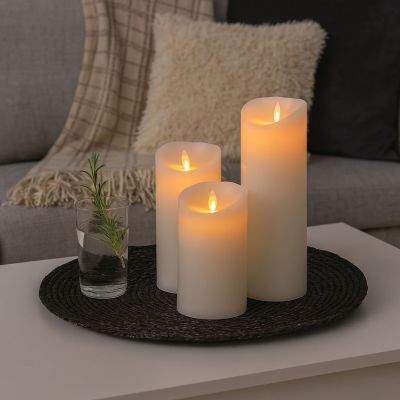 LED-blockljus XL, 3 st, Ø10 cm, 17,5/22,5/30 cm höga, rörlig låga, vitt - inkl. fjärrkontroll och timer, äkta stearin