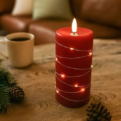LED blockljus med ljusslinga och flammeffekt, 15cm hög, röd stearin, fjärrkontroll, autentiskt utseende