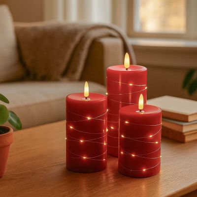 LED blockljus-set med flammeffekt och ljusslinga, röd, Ø7,5cm, 10/12,5/15cm, fjärrkontroll, timer, äkta stearin
