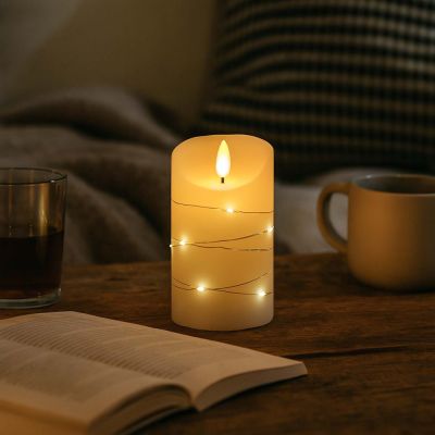 LED blockljus med ljusslinga, 12,5cm hög, flammeffekt - Ø7,5cm, inkl. fjärrkontroll, äkta stearin