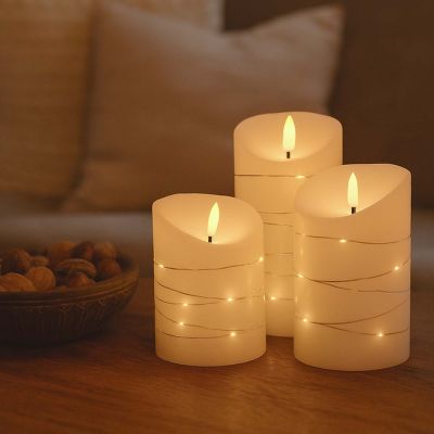 LED blockljus-set med ljusslinga och flammeffekt - Ø7,5cm, 10/12,5/15cm hög, fjärrkontroll, timer, äkta stearin