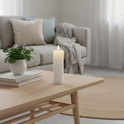 LED Blockljus med flammeffekt, vit, 15 cm, timer - Äkta stearin, Ø5 cm