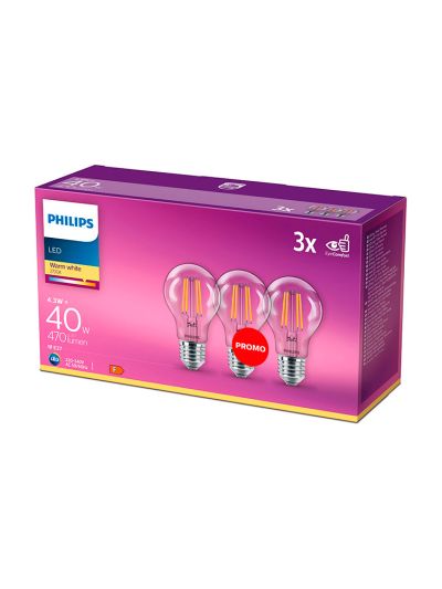 E27 - Philips LED-lampa 4,3 W - 470 lm 3-pack