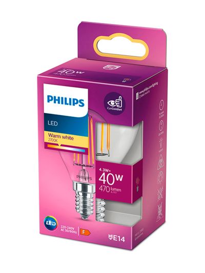 E14 - Philips LED-kronljus - Klar - 4,3 W - 470 lm