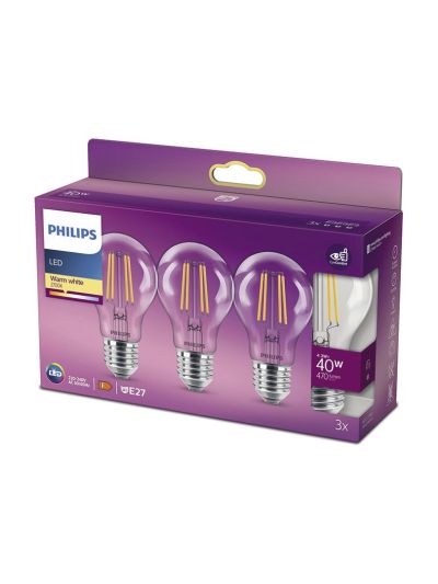 E27 - Philips LED-lampa 4,3 W - 470 lm - Klar - 3-pack