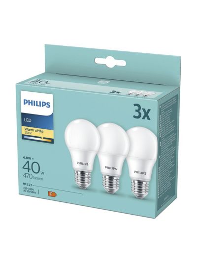 E27 - Philips LED-lampa - 4,9W - 470lm - 2700K - Matt - 3-pack