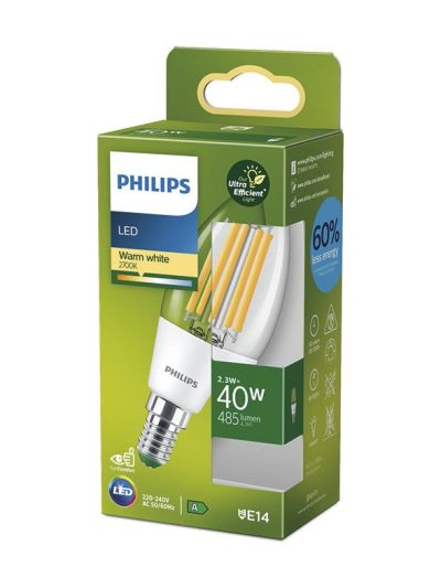 E14 - Philips LED-kronljuslampa - 2,3 W - 485 lm - 2700 K - klar - A-ljuskälla