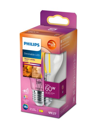 E27 - Philips Warm Glow LED-lampa - klar - 5,9W - 806lm - CRI:90+