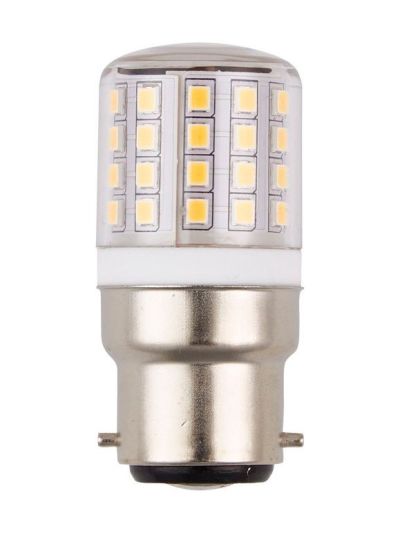 Klar rörlampa med rader av LED-dioder, vit ring och Ba22d-bajonettsockel med två stift på sidan